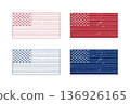 A collection of four distressed American flag designs, line art and filled in red, white, and blue colors, flat vector illustration design isolated on a white background. 136926165