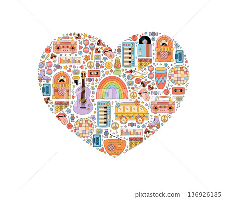 Groovy retro music heart shape forms colorful y2k festival symbol. Rainbow, cassette, guitar, and boombox create a vibrant background graphic for pop and cool celebration or party setting. 136926185