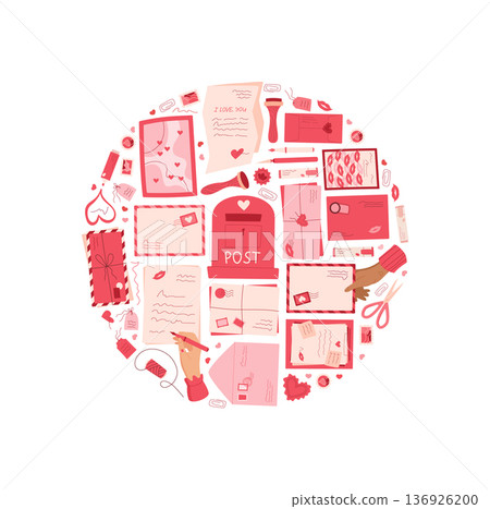 Love mail heart envelope flat cartoon graphic style. Card, message, postcard and box in a circle composition. Postcard letter envelope concept for romantic correspondence, creative holiday greeting, 136926200