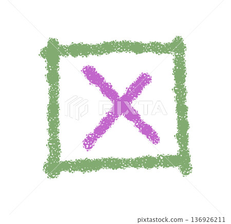 Crayon checkbox icon with cross in a pastel square box element style. Check box symbol appears as a graphic with hand illustration, using soft pastel color for playful visual accent. Crayon checkbox icon with cross in a pastel square box element style. Check box symbol appears as a graphic with hand illustration, using soft pastel color for playful visual accent. 136926211
