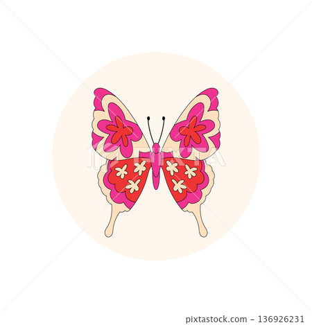 Groovy retro butterfly and flower in colorful round circle sticker as graphic with y2k vibe. Round seal and lid for package, playful pop art for package or creative label design. Groovy retro butterfly and flower in colorful round circle sticker as graphic with y2k vibe. Round seal and lid for package, playful pop art for package or creative label design. 136926231