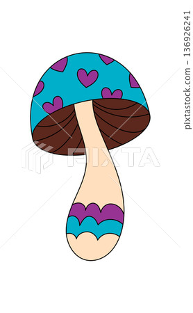 Groovy retro cartoon mushroom icon in psychedelic and colorful y2k style. Trippy magic shroom as a fantasy pop groovy element, perfect for funky and playful abstract art or sticker themes. 136926241