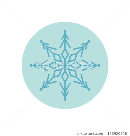 Blue circle sticker with snow flake icon and icy line label. Frost and cold shape bring winter decoration for box or xmas season, flat symbol with cool blue style element. 136926256