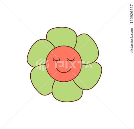 Groovy retro flower sticker cartoon with cute green petals and happy smile. Hippie y2k element, fun and positive sticker for playful decor charming modern use. Groovy retro flower sticker cartoon with cute green petals and happy smile. Hippie y2k element, fun and positive sticker for playful decor charming modern use. 136926257