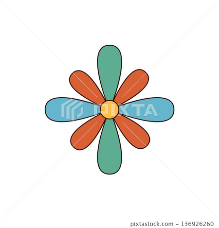 Retro groovy daisy appears as a colorful sticker patch icon in funky 70s y2k style. The flower is a vibrant groovy element, suitable for pop vintage or modern projects. 136926260