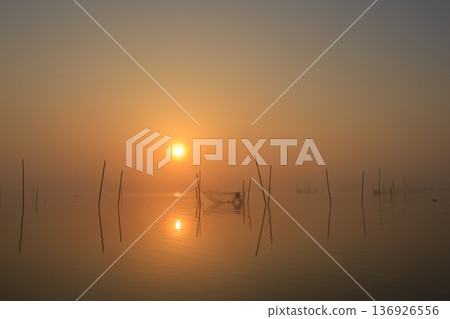 Misty landscape at sunrise 136926556