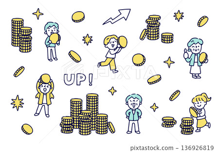 Illustration set of coins and happy people Illustration set of coins and happy people 136926819