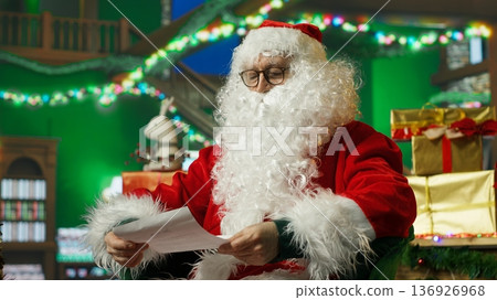 Santa Claus looks at letters received from kids, saluting and welcoming them. Smiling person in Santa costume reads wish lists written by children for Christmas, waving hand, greeting them, camera A Santa Claus looks at letters received from kids, saluting and welcoming them. Smiling person in Santa costume reads wish lists written by children for Christmas, waving hand, greeting them, camera A 136926968