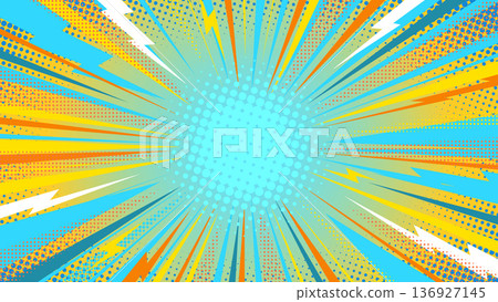 Comic Pop Art Explosion Background with Halftone Dots and Bright Colorful Lightning Rays. Dynamic Retro Burst Banner Poster Template for Advertising. Powerful Vibrant Manga Bg. Vector Illustration Comic Pop Art Explosion Background with Halftone Dots and Bright Colorful Lightning Rays. Dynamic Retro Burst Banner Poster Template for Advertising. Powerful Vibrant Manga Bg. Vector Illustration 136927145