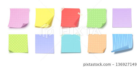 Sticky Notes Colorful Set with Folds, Tape, Cute Pastel Patterns for Planning, Education, Office, Reminder and Scrapbook Design Isolated on White. Vector Illustration Sticky Notes Colorful Set with Folds, Tape, Cute Pastel Patterns for Planning, Education, Office, Reminder and Scrapbook Design Isolated on White. Vector Illustration 136927149