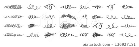Scribbles Hand Drawn Line Doodle Strokes Set. Abstract Ink Swirls, Swashes, Curly Lines and Sketch Marks for Dividers, Highlights, Minimal Decorative Collage Elements. Vector Design. Scribbles Hand Drawn Line Doodle Strokes Set. Abstract Ink Swirls, Swashes, Curly Lines and Sketch Marks for Dividers, Highlights, Minimal Decorative Collage Elements. Vector Design. 136927151