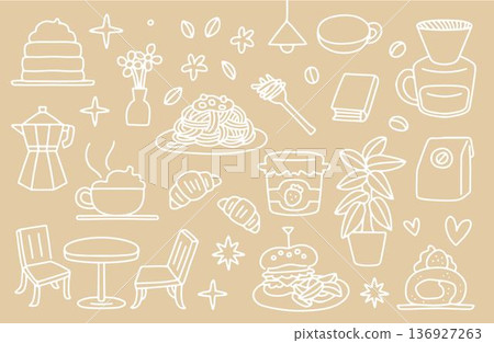 一組以咖啡館為靈感，描繪食物和物品的插圖 136927263