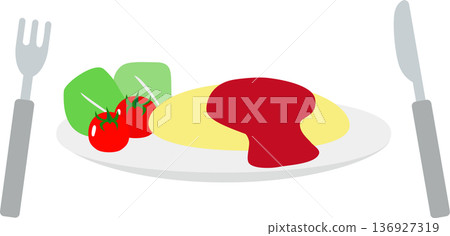 Illustration of an omelette served on a plate (with knife and fork) Illustration of an omelette served on a plate (with knife and fork) 136927319