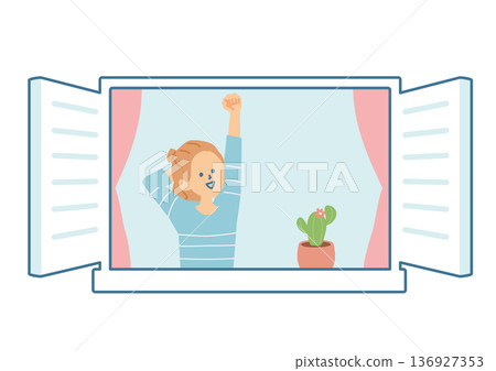 Illustration of a woman stretching through an open window 136927353