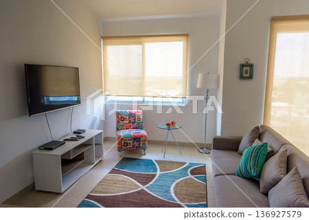Modern living room with sofa and television Modern living room with sofa and television 136927579