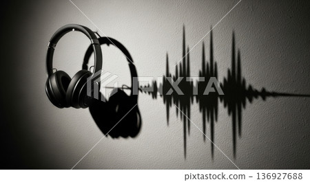 Headphones casting sound wave shadow on textured wall 136927688
