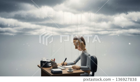 Employee puppet working at desk feeling controlled and manipulated 136927838