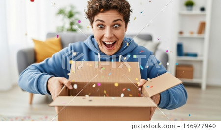 Happy woman unboxing surprise gift box with confetti 136927940