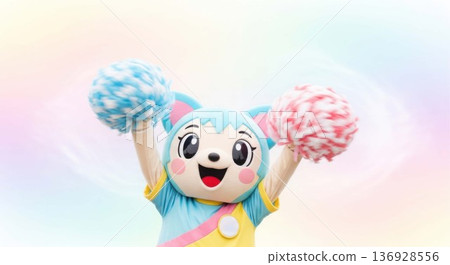 Cute mascot character cheering with colorful pom poms Cute mascot character cheering with colorful pom poms 136928556