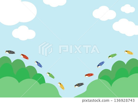 Background material of carp streamers swimming in a row along the fresh greenery in the spring blue sky 136928743