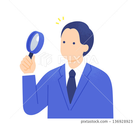 一位商務人士正在檢查安全性和品質。一位身穿西裝的男士正在仔細檢查放大鏡。 136928923