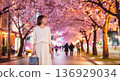A woman walking along a cherry blossom-lined street at night 136929034