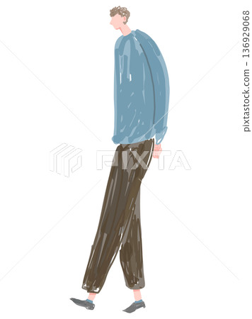 Full-body illustration of a young man walking with his arms folded behind his back 136929068