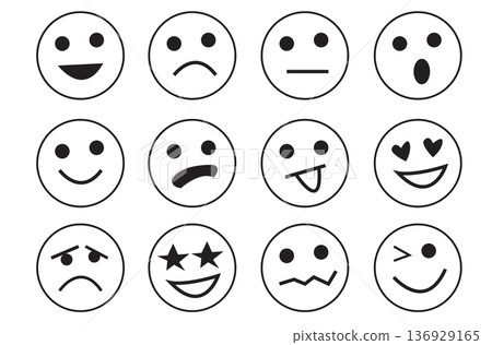 Emoji face emoticons collection black and white set vector illustration. 136929165