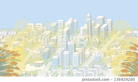 Pollen-filled cityscape. Isometric cityscape. Pollen-filled cityscape. Isometric cityscape. 136929280