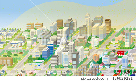 A hazy cityscape covered in yellow sand. Isometric cityscape. A hazy cityscape covered in yellow sand. Isometric cityscape. 136929281