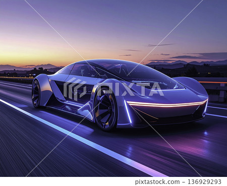 一輛未來感十足的霓虹藍下一代概念車在黃昏時分行駛在高速公路上。 136929293