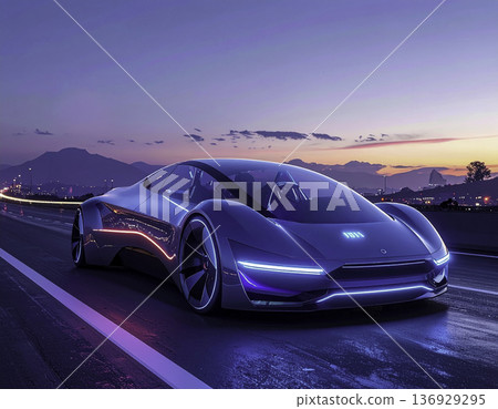 一輛未來感十足的霓虹藍下一代概念車在黃昏時分行駛在高速公路上。 136929295