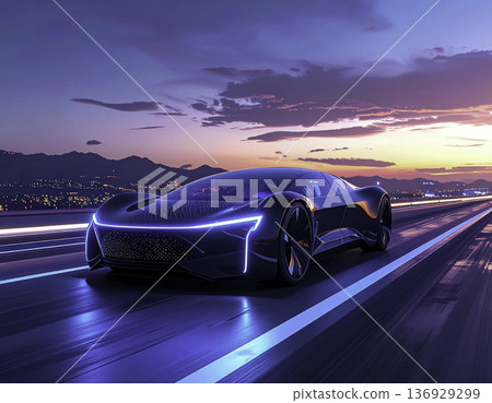 一輛未來感十足的霓虹藍下一代概念車在黃昏時分行駛在高速公路上。 136929299