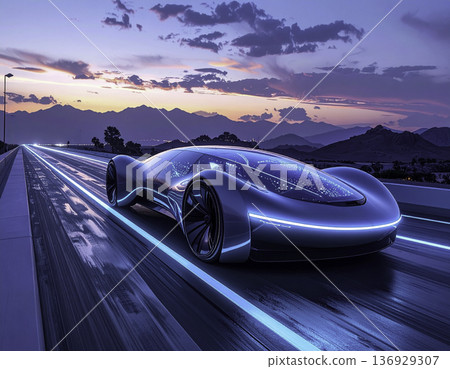 一輛未來感十足的霓虹藍下一代概念車在黃昏時分行駛在高速公路上。 136929307