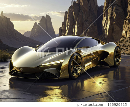 一輛充滿未來感、金光閃閃的超級跑車：奢華都市成功的象徵。 136929515