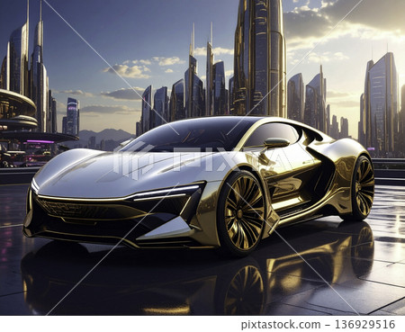 一輛充滿未來感、金光閃閃的超級跑車：奢華都市成功的象徵。 136929516