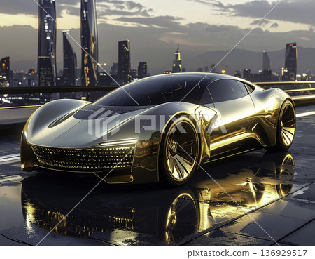 一輛充滿未來感、金光閃閃的超級跑車：奢華都市成功的象徵。 136929517