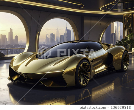 一輛充滿未來感、金光閃閃的超級跑車：奢華都市成功的象徵。 136929518
