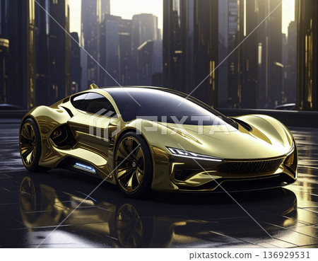 一輛充滿未來感、金光閃閃的超級跑車：奢華都市成功的象徵。 136929531