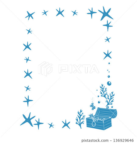 Doodle frame of shells, corrales, treasure chest and bubbles. Frame on the theme of sea vacation. Vector illustration. 136929646