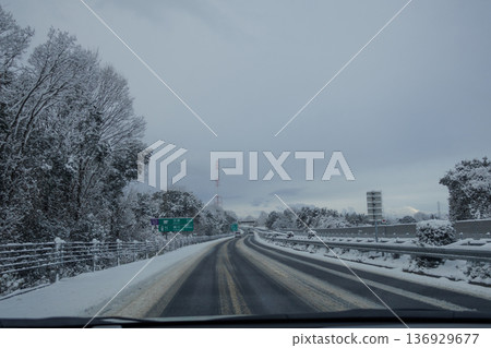 A view of a highway running through snowy mountainous areas A view of a highway running through snowy mountainous areas 136929677