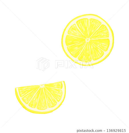 一組手繪水彩寫實檸檬片和檸檬角（白色背景，食物插圖） 136929815