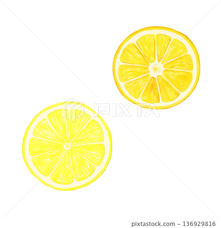 Hand-drawn watercolor realistic lemon and orange slices set (white background, food illustration) 136929816