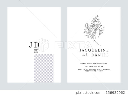Minimalist foliage wedding invitation card template, line art leaves on white 136929962