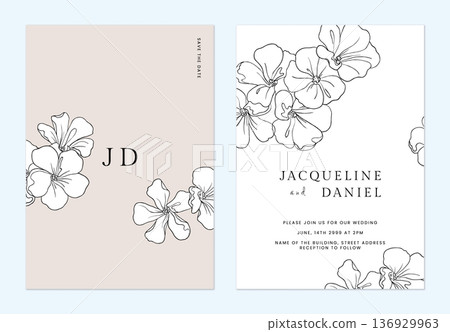 Floral wedding invitation card template, line art flowers on brown and white 136929963