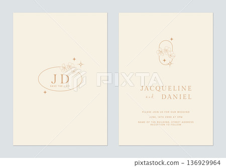 Minimalist floral wedding invitation card template, line art flowers on bright brown 136929964