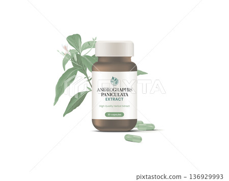 Product mockup template design, Andrographis paniculata plant with brown glass bottle and capsules 136929993