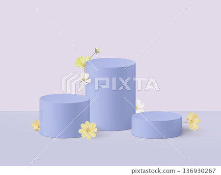 Product display mockup design, purple pastel circle podium decorated with yellow cosmos flowers Product display mockup design, purple pastel circle podium decorated with yellow cosmos flowers 136930267