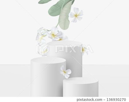 Product display mockup design, pastel circle podium decorated with plumeria flowers Product display mockup design, pastel circle podium decorated with plumeria flowers 136930270
