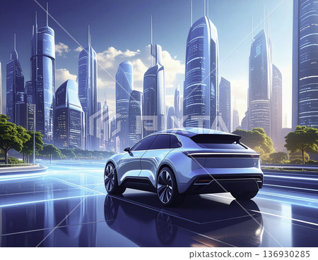 一輛電動SUV行駛在未來感十足的藍色調智慧城市中 | 永續城市與下一代出行方式 136930285